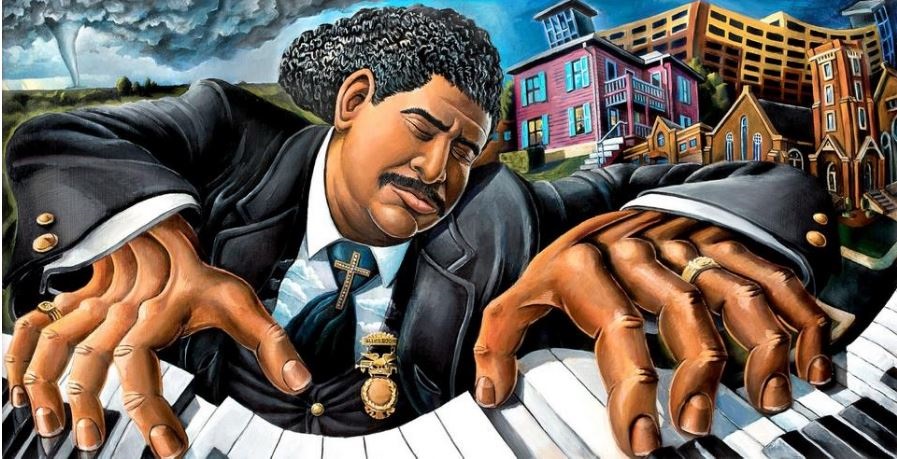 Stylized painting of John William "Blind" Boone playing the piano
